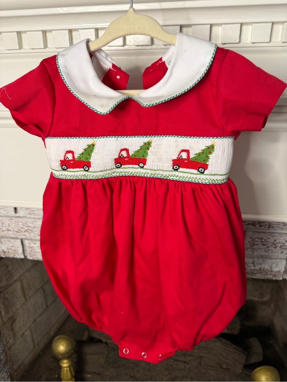 Lulu bebe Red Infant Romper with Peter Pan Collar and red truck Christmas smock